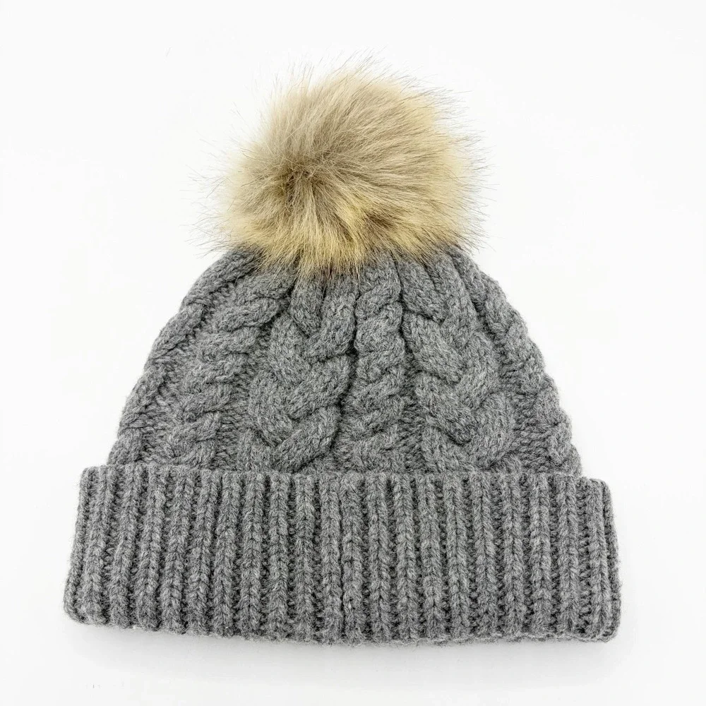 Pendleton Hat Beanie Womens One Size Gray Wool Cable Knit Faux Fur Pom Winter